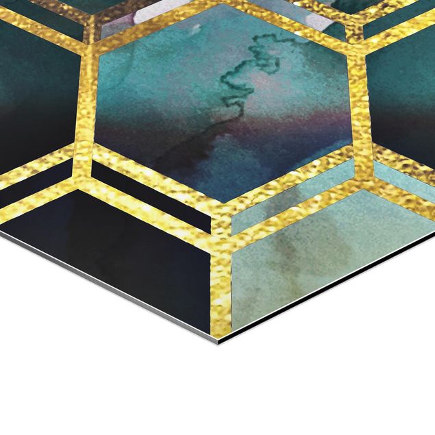 Wanddeko über Sofa Hexagonträume Aquarell mit Gold