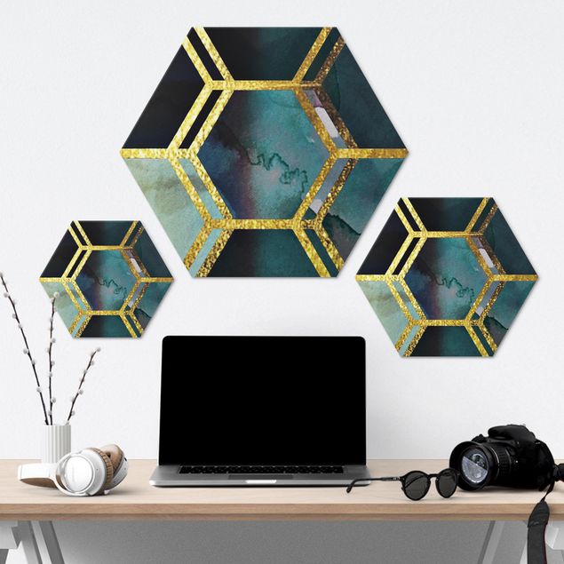 Wanddeko über Bett Hexagonträume Aquarell mit Gold
