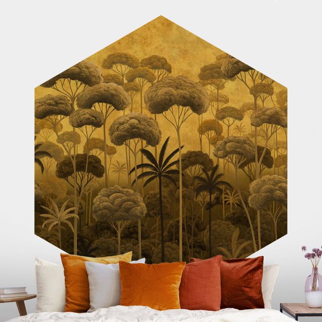 Wanddeko Schlafzimmer Hohe Bäume im Dschungel in goldener Tönung