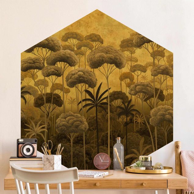 Wanddeko Büro Hohe Bäume im Dschungel in goldener Tönung