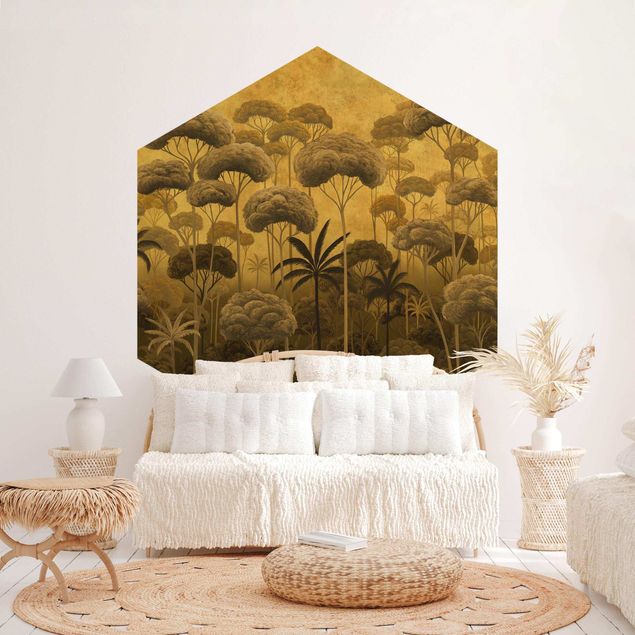 Wanddeko gold Hohe Bäume im Dschungel in goldener Tönung