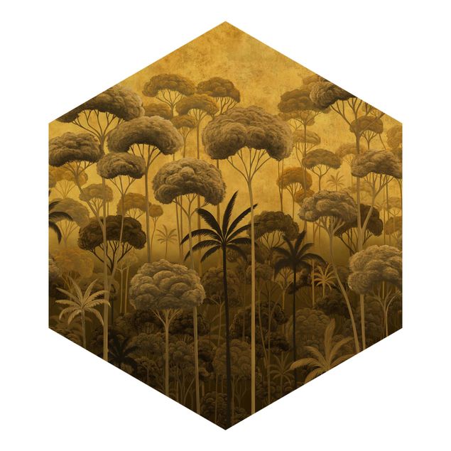 Wanddeko über Sofa Hohe Bäume im Dschungel in goldener Tönung