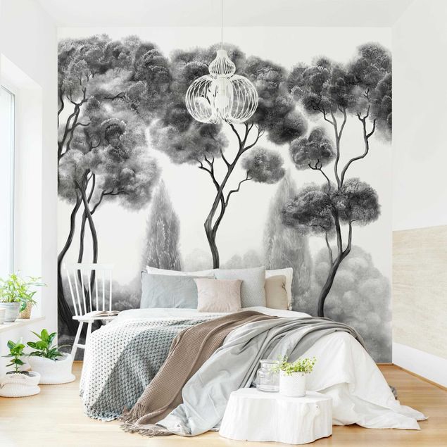 Wanddeko Schlafzimmer Hohe Bäume schwarz-weiß