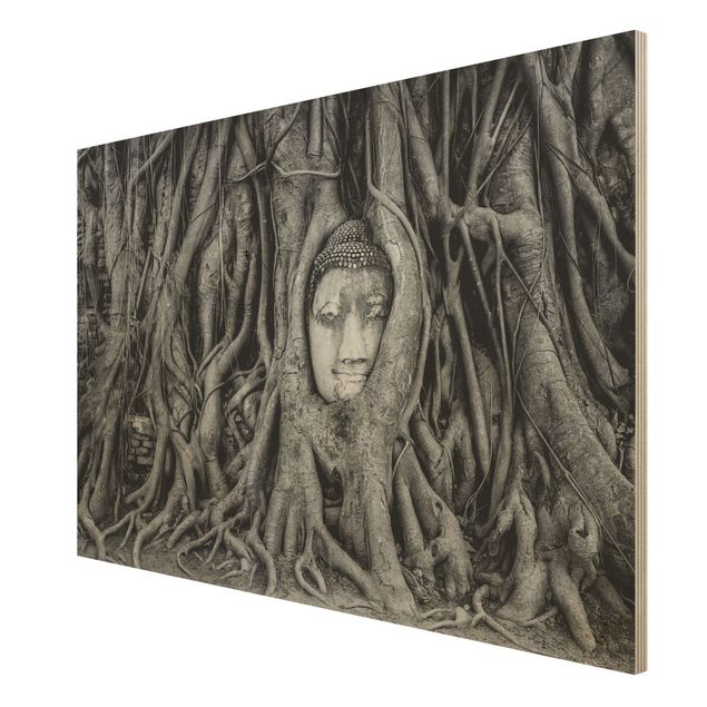 Wanddeko Schlafzimmer Buddha in Ayutthaya von Baumwurzeln gesäumt in Schwarzweiß