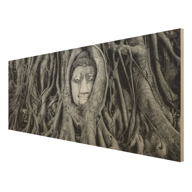 Wanddeko Flur Buddha in Ayutthaya von Baumwurzeln gesäumt in Schwarzweiß