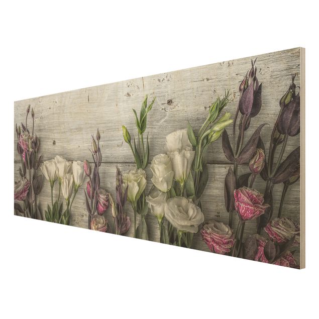 Wanddeko Blume Tulpen-Rose Shabby Holzoptik