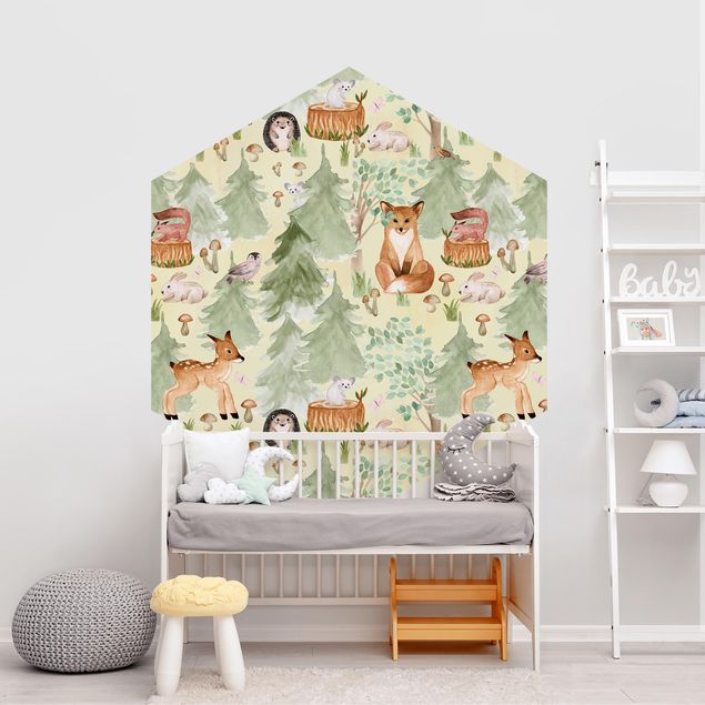 Wanddeko Babyzimmer Igel und Fuchs mit Bäumen Grün