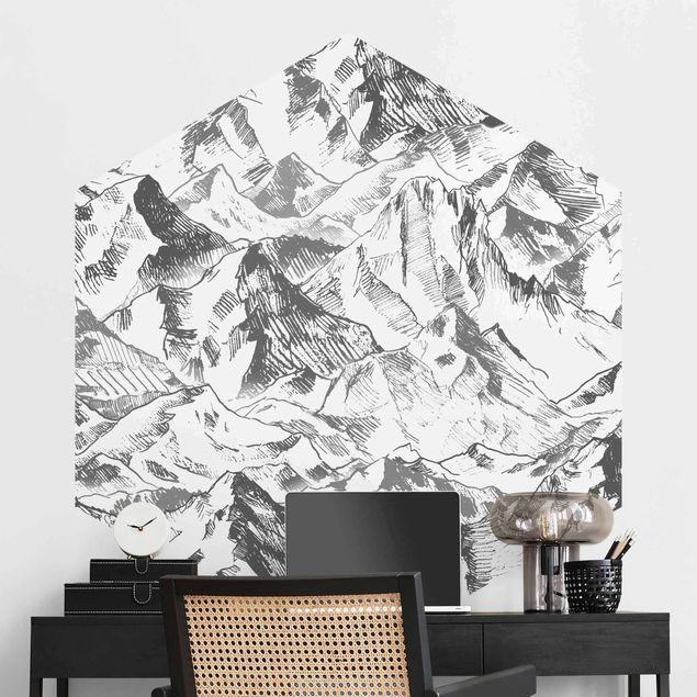 Wanddeko Schlafzimmer Illustration Berglandschaft Grau