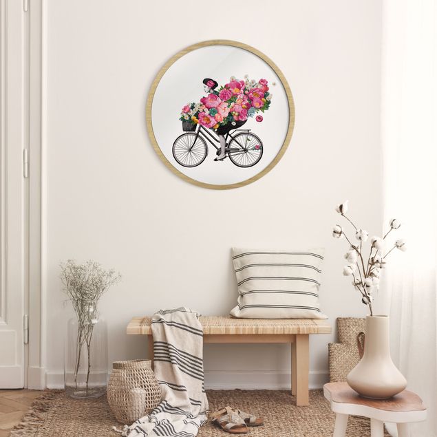 Wanddeko Büro Illustration Frau auf Fahrrad Collage bunte Blumen