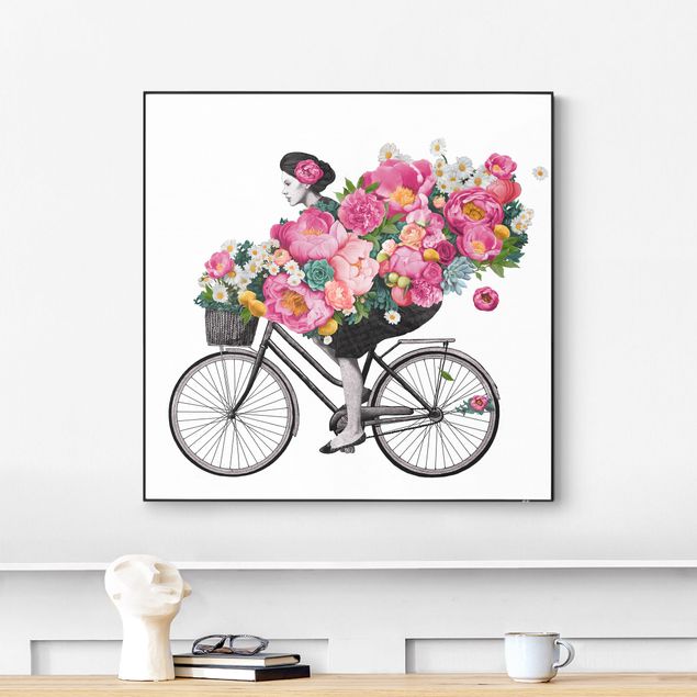 Wanddeko Blume Illustration Frau auf Fahrrad Collage bunte Blumen