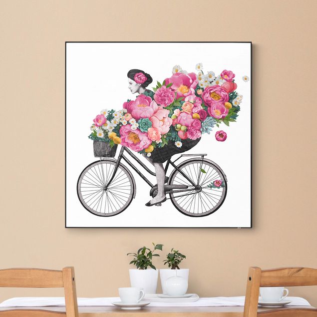 Wanddeko Jugendzimmer Illustration Frau auf Fahrrad Collage bunte Blumen