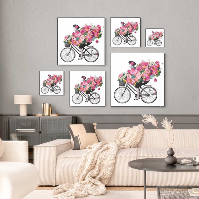 Wanddeko über Sofa Illustration Frau auf Fahrrad Collage bunte Blumen