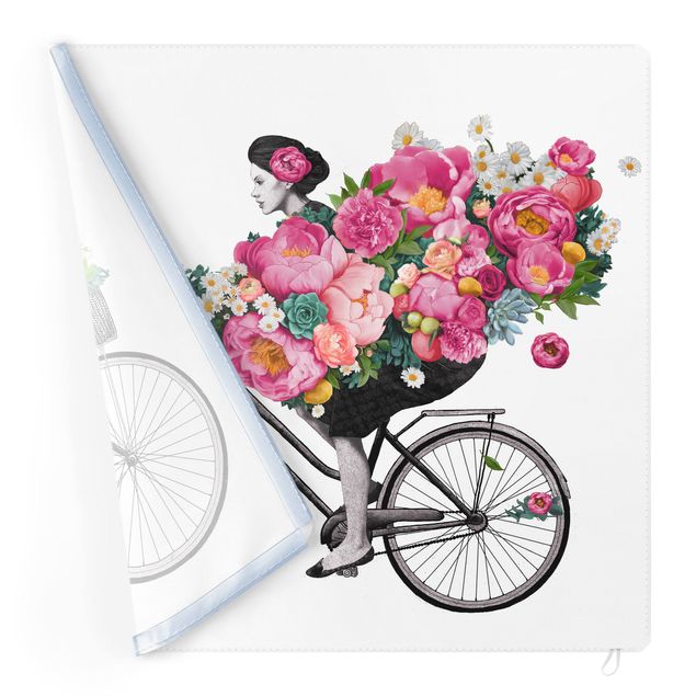 Wanddeko rosa Illustration Frau auf Fahrrad Collage bunte Blumen