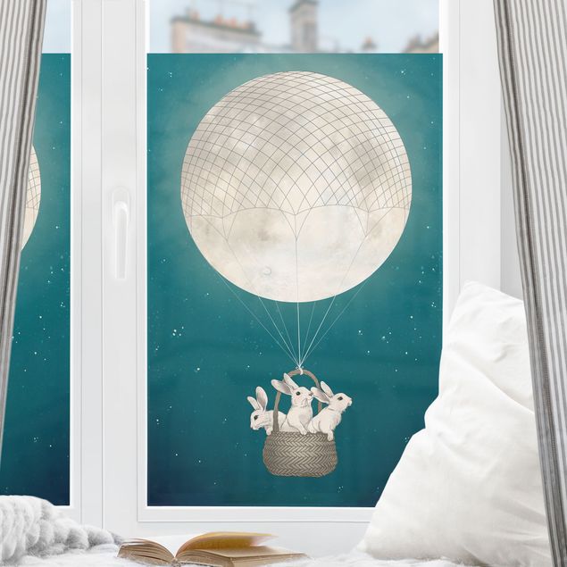 Wanddeko Schlafzimmer Illustration Hasen Mond-Heißluftballon Sternenhimmel