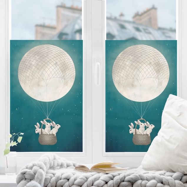 Wanddeko Büro Illustration Hasen Mond-Heißluftballon Sternenhimmel