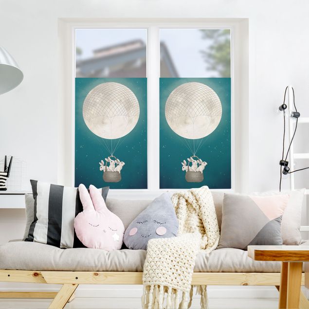 Wanddeko Praxis Illustration Hasen Mond-Heißluftballon Sternenhimmel