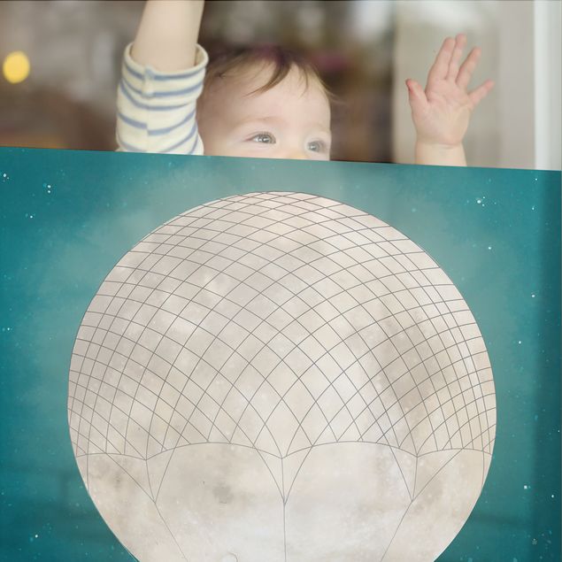 Wanddeko türkis Illustration Hasen Mond-Heißluftballon Sternenhimmel