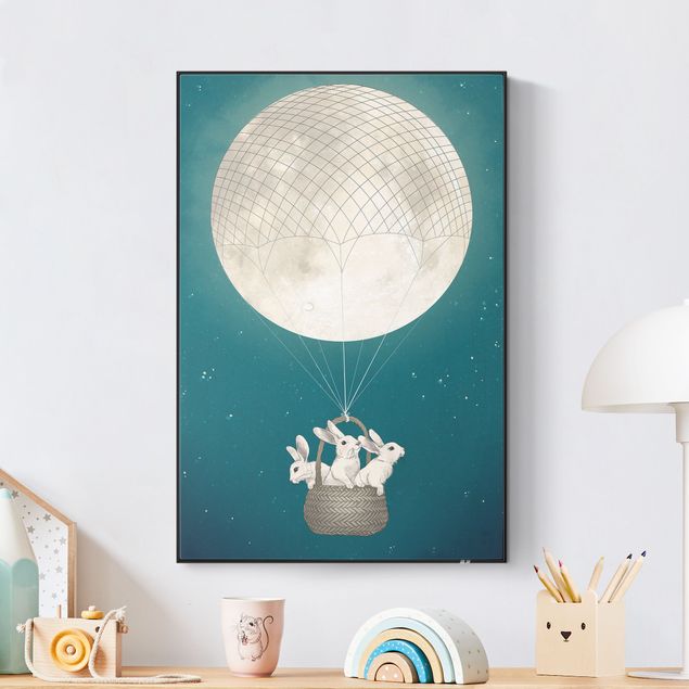 Deko Kinderzimmer Illustration Hasen Mond-Heißluftballon Sternenhimmel