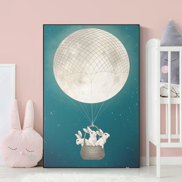 Wanddeko Mädchenzimmer Illustration Hasen Mond-Heißluftballon Sternenhimmel
