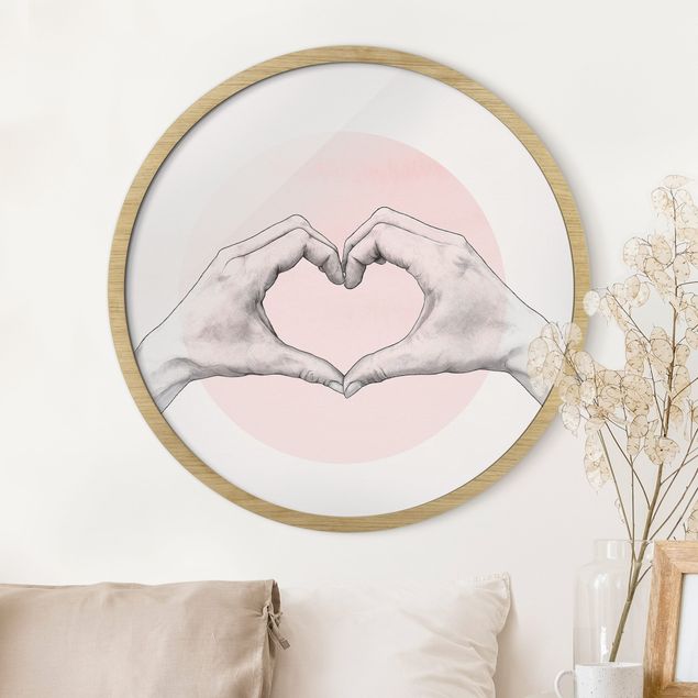 Wanddeko Wohnzimmer Illustration Herz Hände Kreis Rosa Weiß