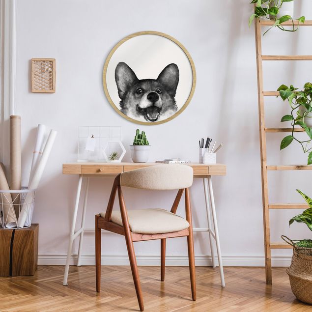 Wanddeko Büro Illustration Hund Corgi Weiß Schwarz Malerei