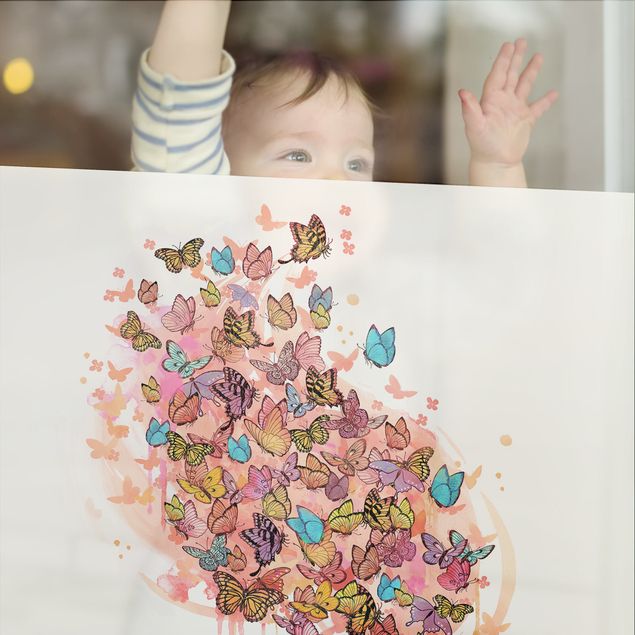 Wanddeko Praxis Illustration Katze mit bunten Schmetterlingen Malerei