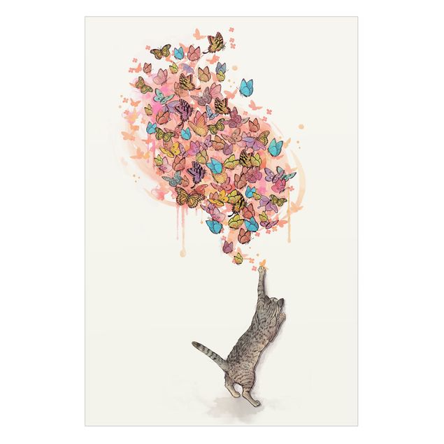 Wanddeko draußen Illustration Katze mit bunten Schmetterlingen Malerei