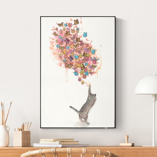 Wanddeko Büro Illustration Katze mit bunten Schmetterlingen Malerei