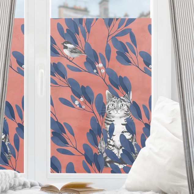 Wanddeko Flur Illustration Katze und Vogel auf Ast Blau Rot