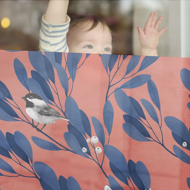 Wanddeko Praxis Illustration Katze und Vogel auf Ast Blau Rot