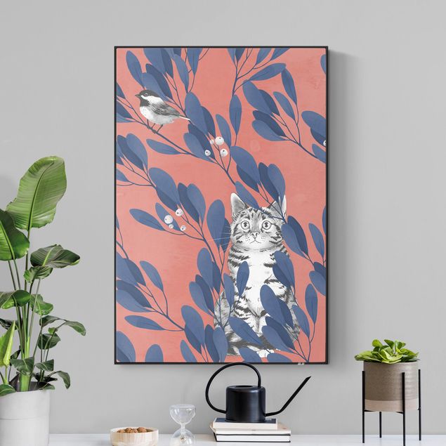 Wandbilder Katzen Illustration Katze und Vogel auf Ast Blau Rot