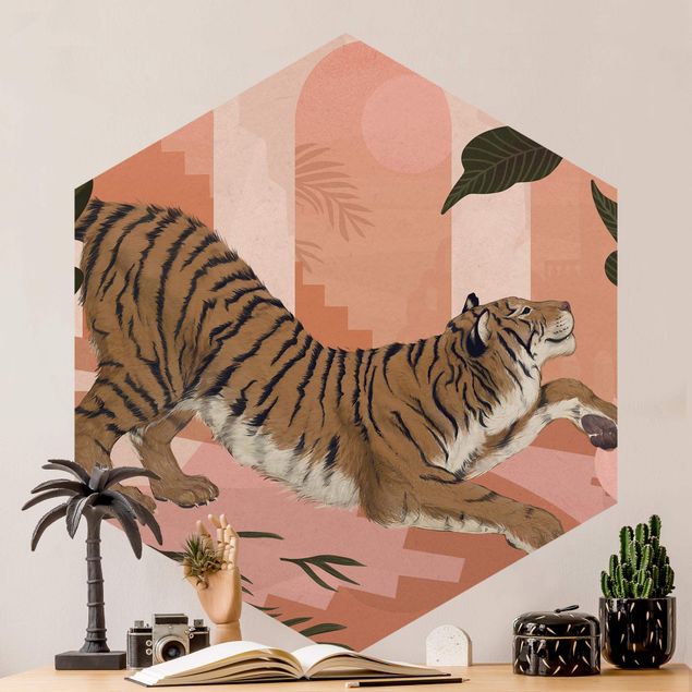 Wanddeko Flur Illustration Tiger in Pastell Rosa Malerei