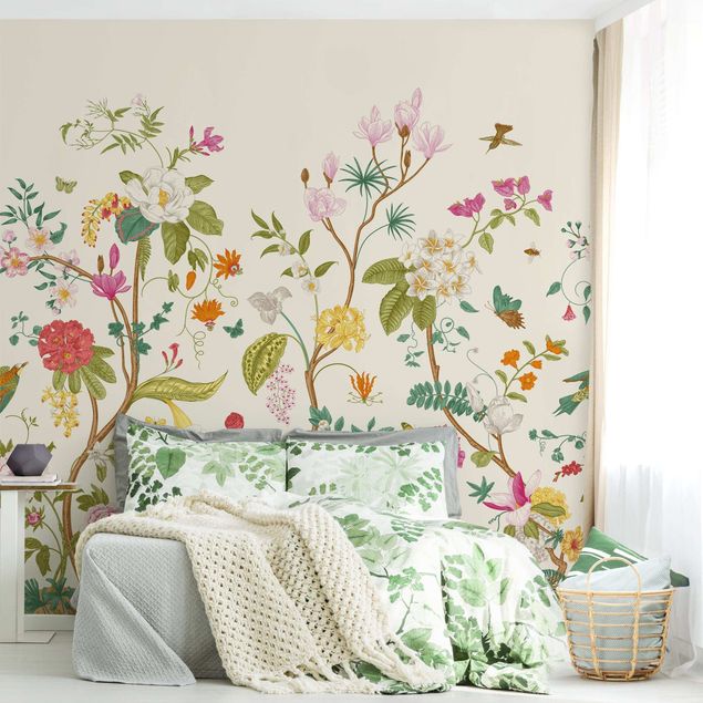 Wanddeko Schlafzimmer Illustrierte Blumen Chinoiserie auf Gelb