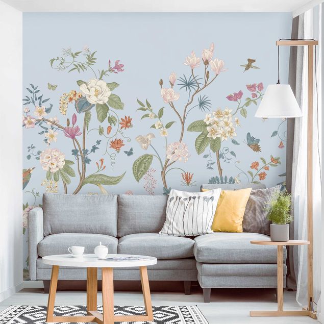 Wanddeko Wohnzimmer Illustrierte Blumen Chinoiserie auf Hellblau