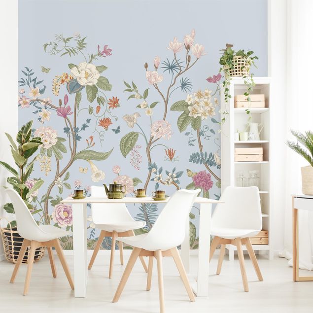 Wanddeko Schlafzimmer Illustrierte Blumen Chinoiserie auf Hellblau