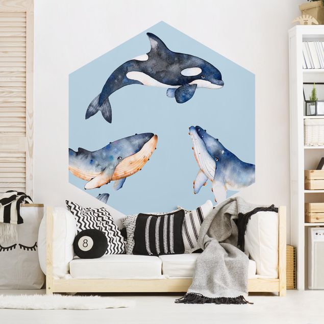 Wanddeko Büro Illustrierte Wale als Aquarell