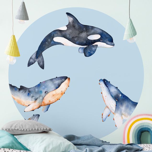 Wanddeko blau Illustrierte Wale als Aquarell
