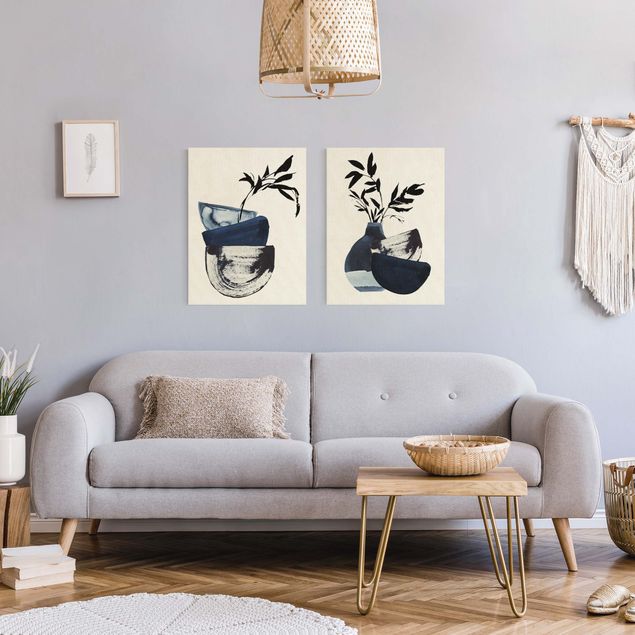 Wanddeko Wohnzimmer Japandi Aquarell - Geschirr mit Zweigen