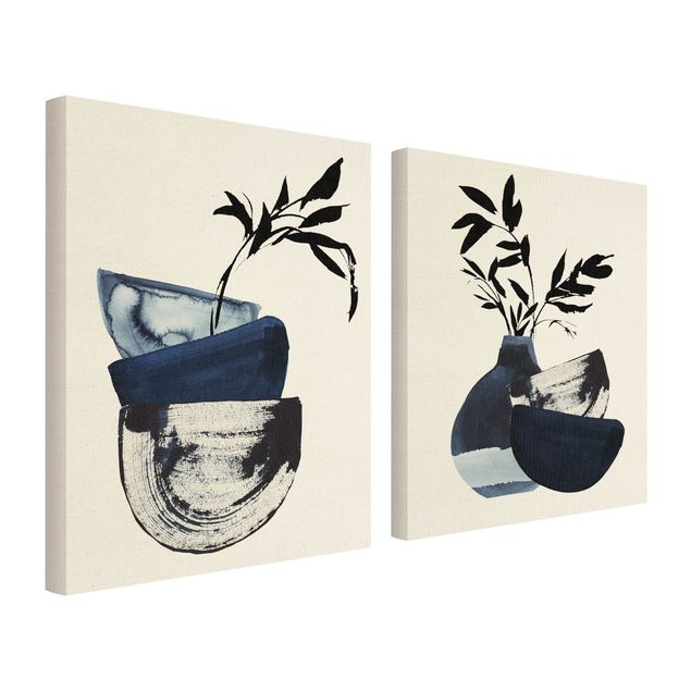 Wanddeko über Sofa Japandi Aquarell - Geschirr mit Zweigen