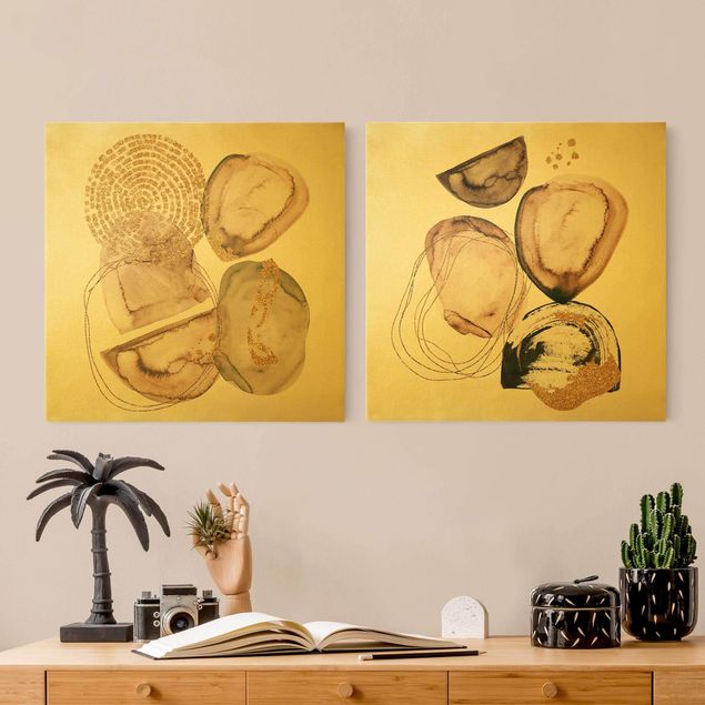 Wanddeko über Sofa Japandi Aquarell Formen Gold
