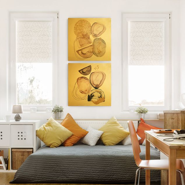 Wanddeko Wohnzimmer Japandi Aquarell Formen Gold