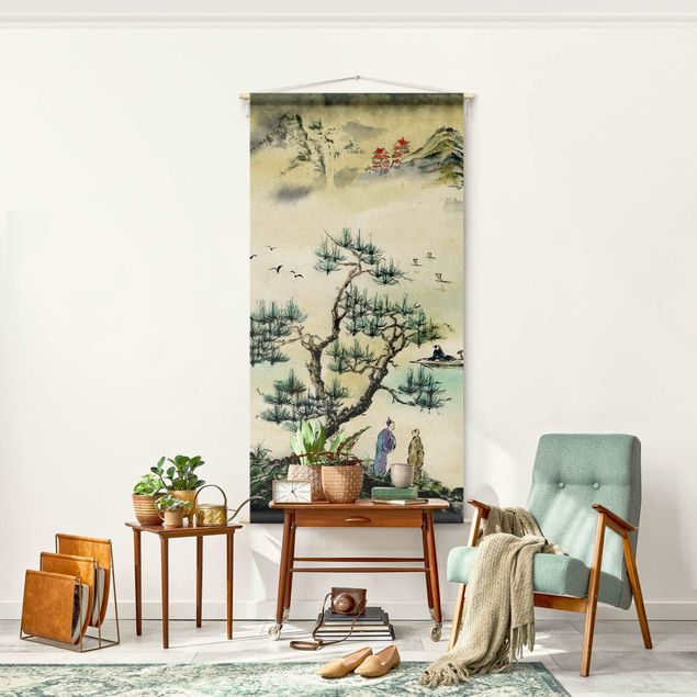 Wanddeko Schlafzimmer Japanische Aquarell Zeichnung Kiefer und Bergdorf