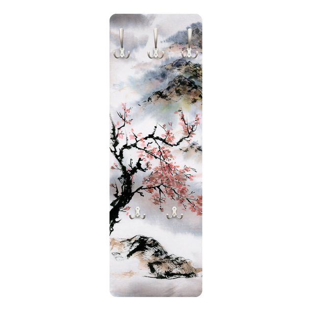 Wanddeko Büro Japanische Aquarell Zeichnung Kirschbaum und Berge