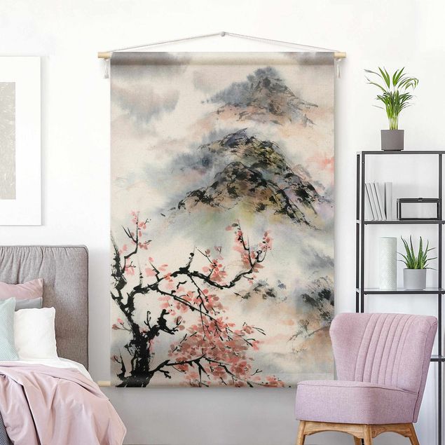 Wanddeko Wohnzimmer Japanische Aquarell Zeichnung Kirschbaum und Berge