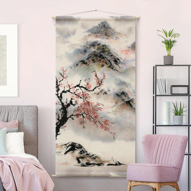 Wanddeko Blume Japanische Aquarell Zeichnung Kirschbaum und Berge