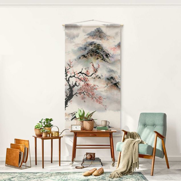 Wanddeko Schlafzimmer Japanische Aquarell Zeichnung Kirschbaum und Berge