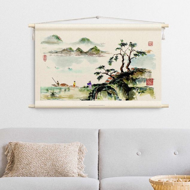 Wanddeko Esszimmer Japanische Aquarell Zeichnung See und Berge