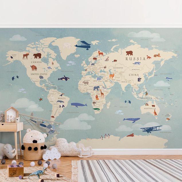 Wanddeko Büro Karte mit Tieren der Welt