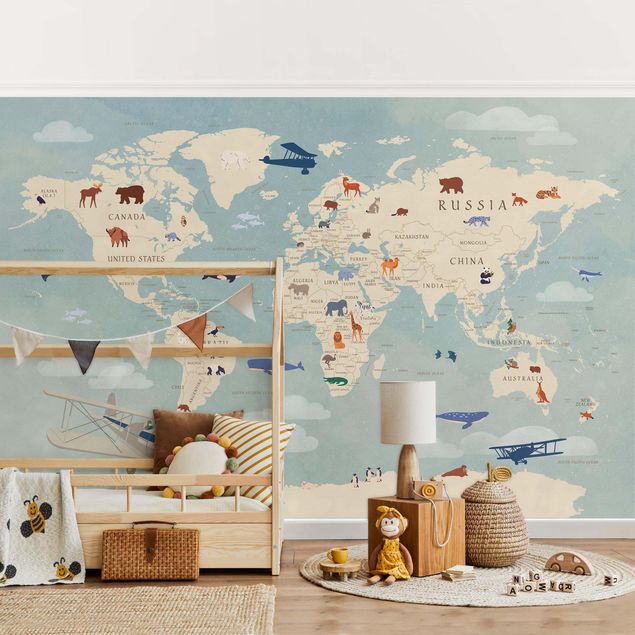 Wanddeko Babyzimmer Karte mit Tieren der Welt