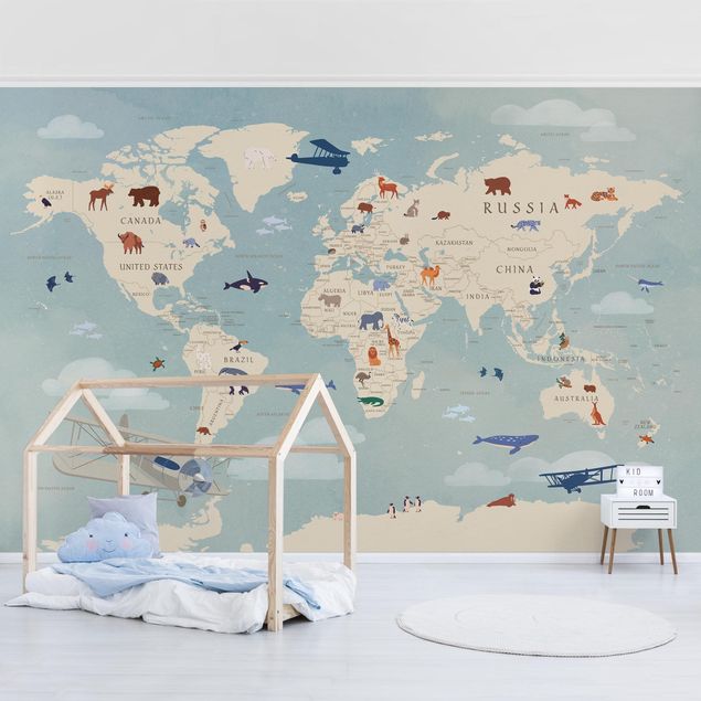 Wanddeko blau Karte mit Tieren der Welt